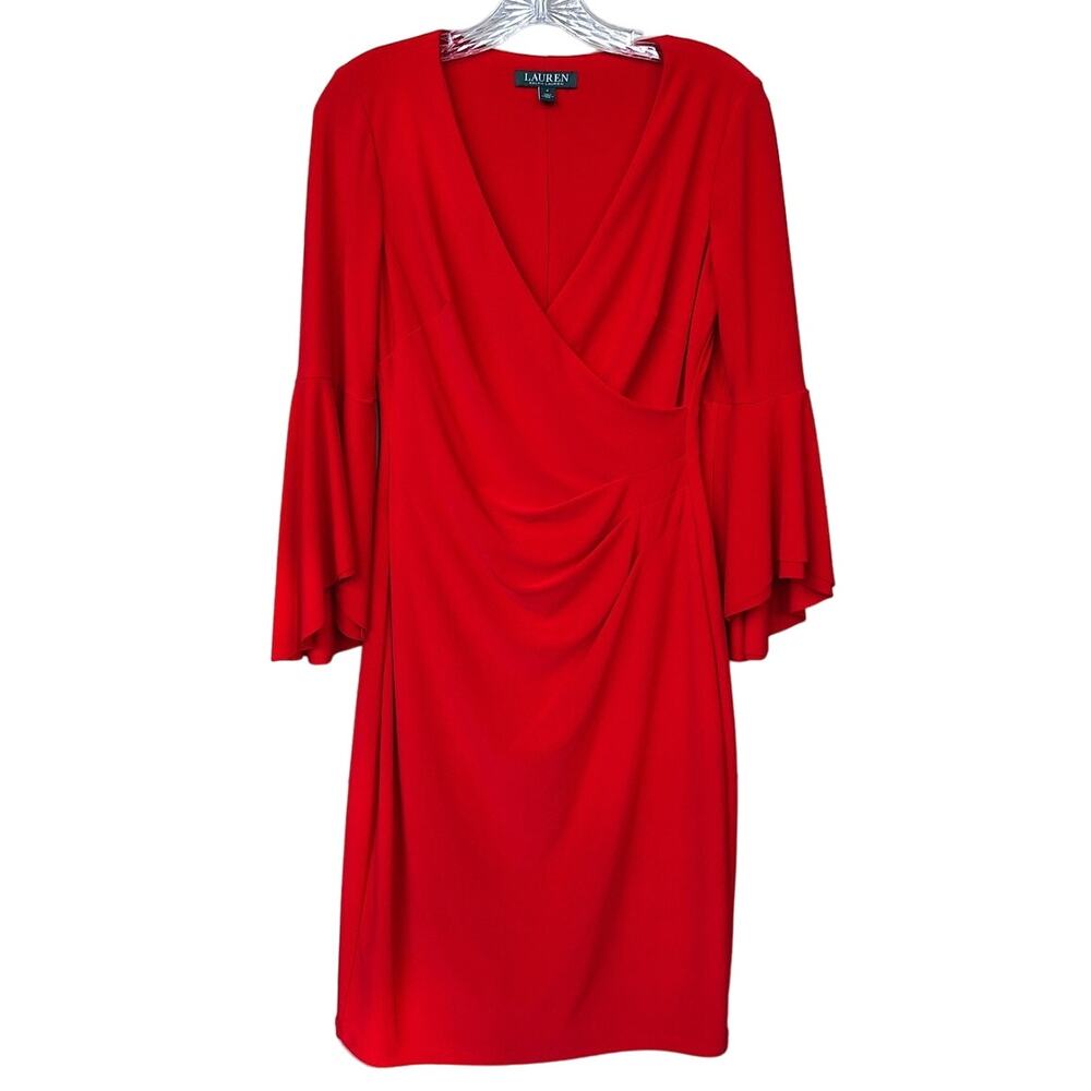 Lauren Ralph Lauren Bell Sleeve Faux Wrap Red Dress Surplice V Neckline Size 4
